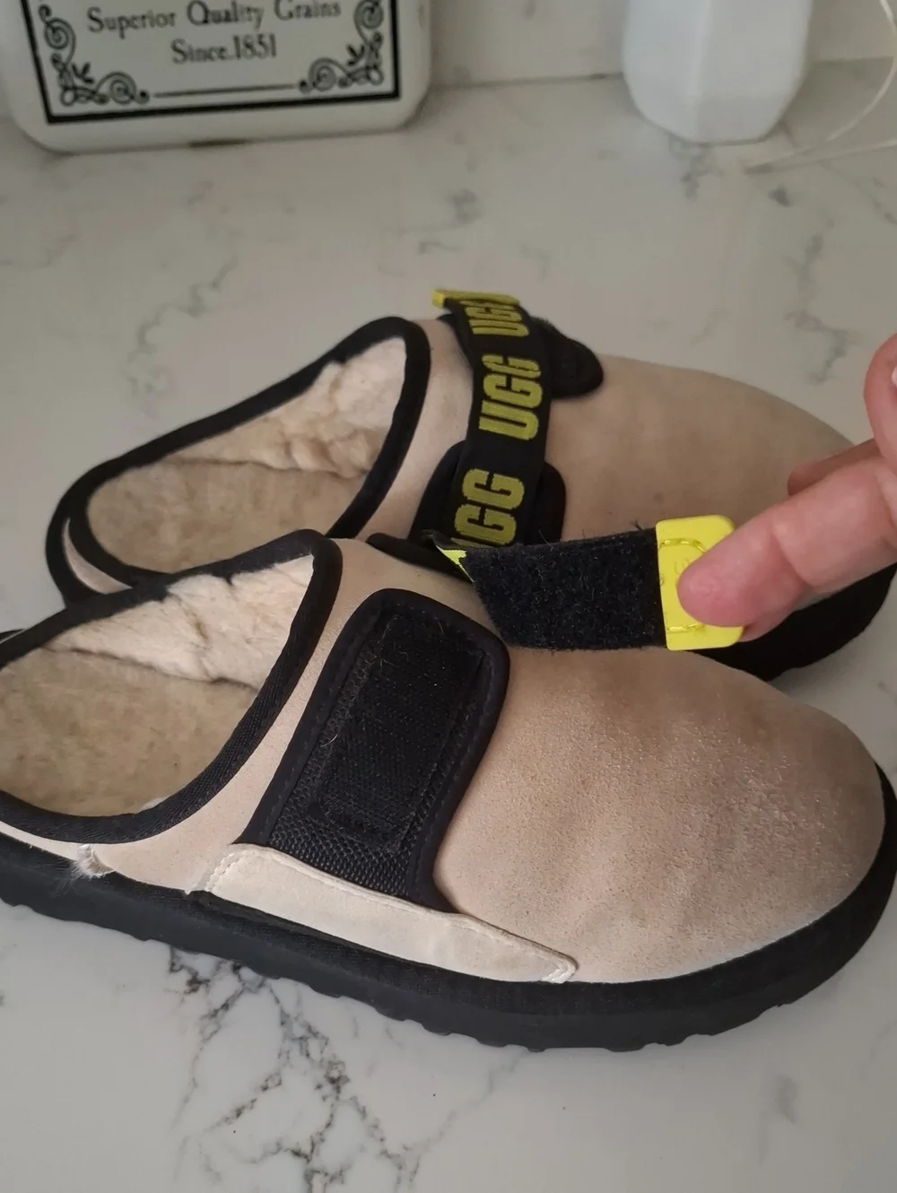 UGG Mens Beige Slip-On Clog with Yellow Accent